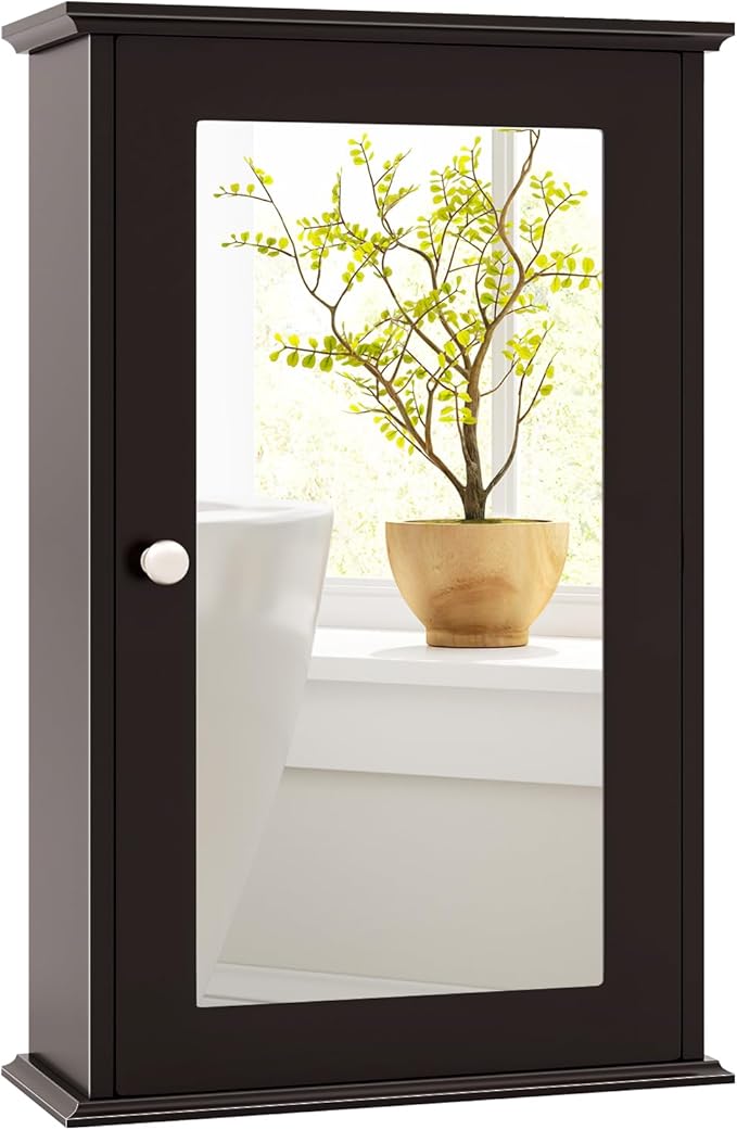 Tangkula Bathroom Medicine Cabinet with Mirror, Wall Mounted Single Mirror Door Storage Cabinet w/Adjustable Shelf, Wall Cabinet w/Reversible Door for Bathroom Living Room Hallway (Brown)