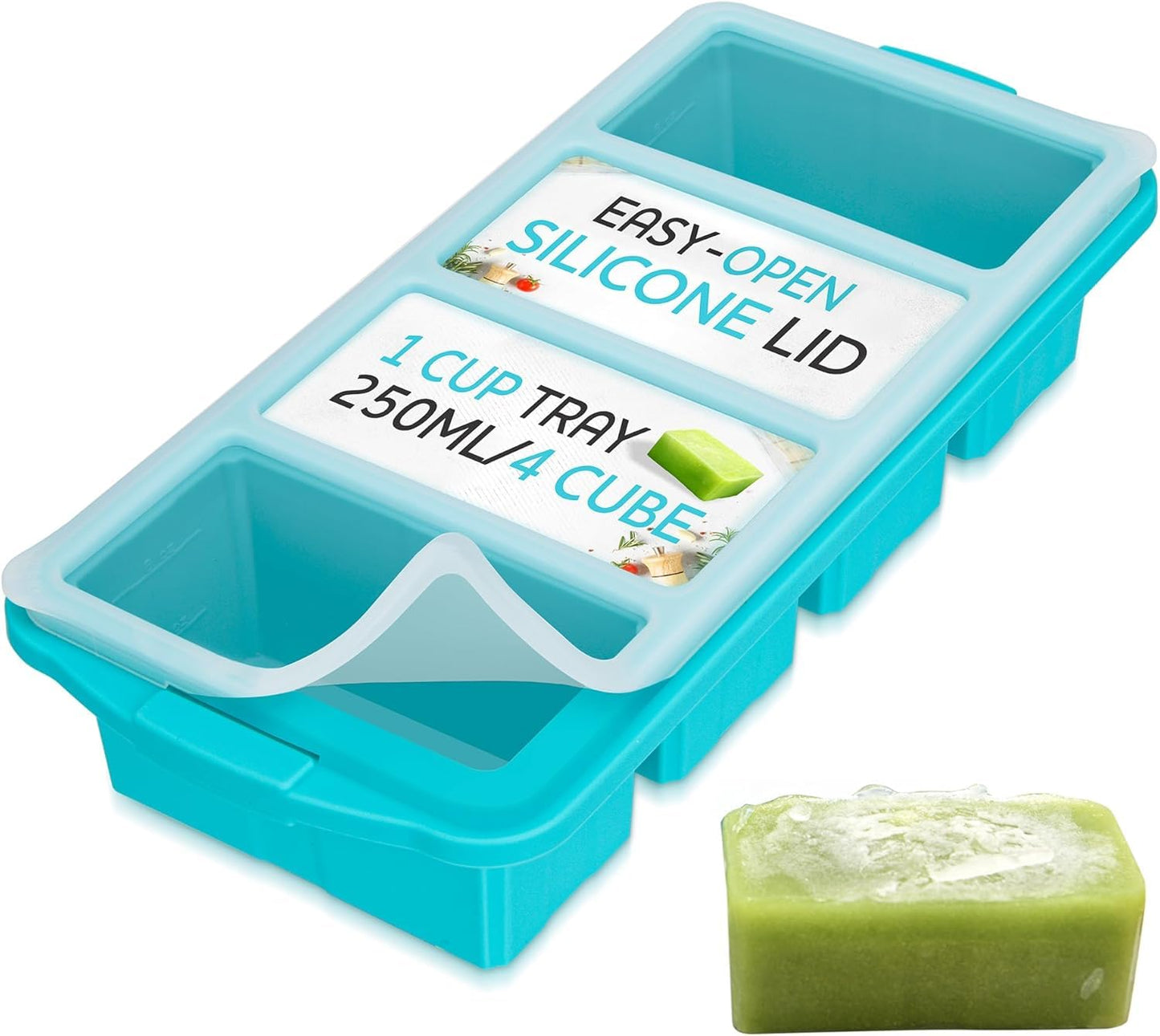 XOMOO Silicone Freezer Tray With Lid - Soup Freezer Container molds - Large Ice Cube Tray- makes 8 perfect 1 cup portions cubes, 2-Pack Freezer Storage Food Soups & Meal Prep - Oven & Dishwasher -Safe