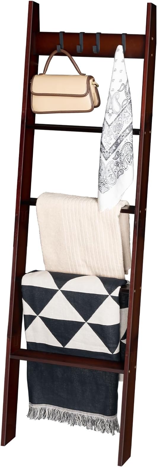 HOOBRO Blanket Ladder for Living Room and Bedroom, 5-Tier Wall Leaning Towel Rack for Bathroom, Decorative Ladder Shelf with 4 Removable Hooks, Farmhouse Blanket Storage, Brown BR51CJ01G1