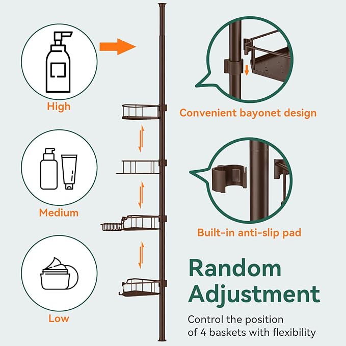 Corner Shower Caddy Tension Pole, 4 Tier Rustproof Shower Tension Rod Organizer, Adjustable 25-125 Inch Bathroom Shower Organizer Shelves for Bathtub Shampoo Storage, Brown
