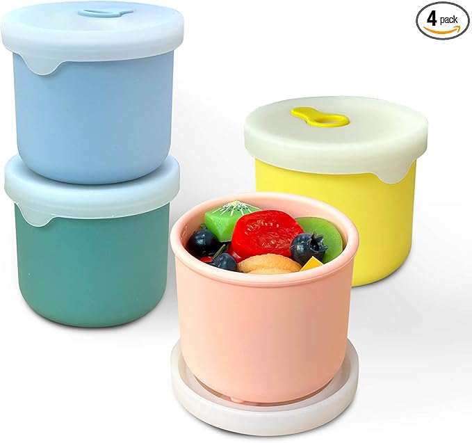4 Pack 8.5 oz Silicone Food Storage Containers with Lids, 1-Cup Reusable Snack Fruits Containers Cups, Leak Proof Soup Freezer Molds Small Lunch Box BPA Free for Kids Baby Daycare School Travel