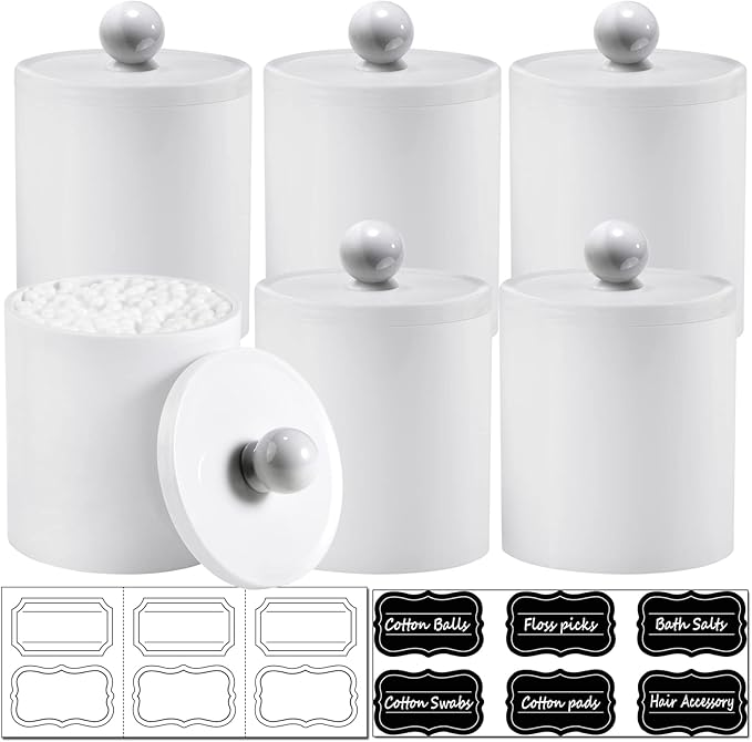 SheeChung 6 Pack White Acrylic Apothecary Jars - Shatterproof Qtip Holder Dispenser Set - Opaque Bathroom Vanity Organizer for Cotton Swabs,Balls,Pads - Modern Minimalist Decor(3*10oz,3*12oz)