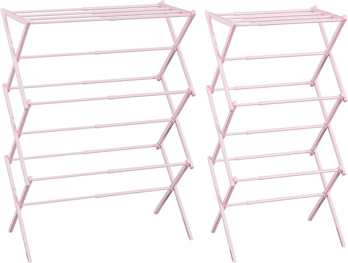 Foldable Drying Rack Clothing, 3-Tier Portable Clothes Drying Racks for Indoor & Outdoor, Anti-Rust Compact Laundry Rack Collapsible, Pink 28" D x 10" W x 35" H