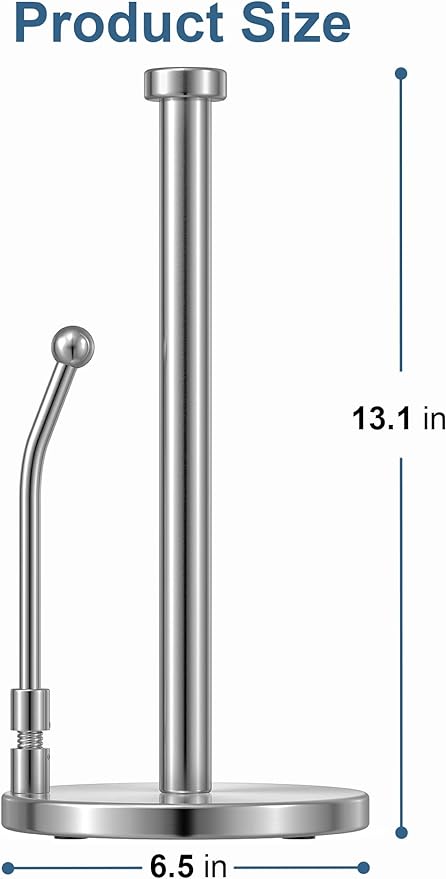 SMARTAKE Paper Towel Holder, Paper Towel Dispenser Standing Weighted Base Non Slip, Spring Arm for Easy Tear, Stainless Steel Paper Towel Holder for Home Kitchen Countertop Tabletop, Silver