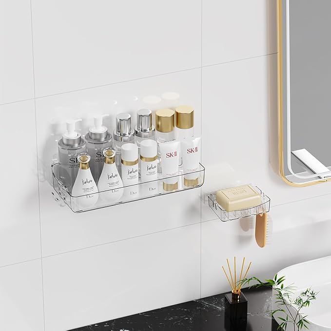 Sotfamily Clear Shower Caddy, Acrylic Wall Mounted Shower Shelves with Soap Dish & Adhesive Pads for Bathroom Organizers and Storage, No Drill Shower Caddies for Bathroom Decor
