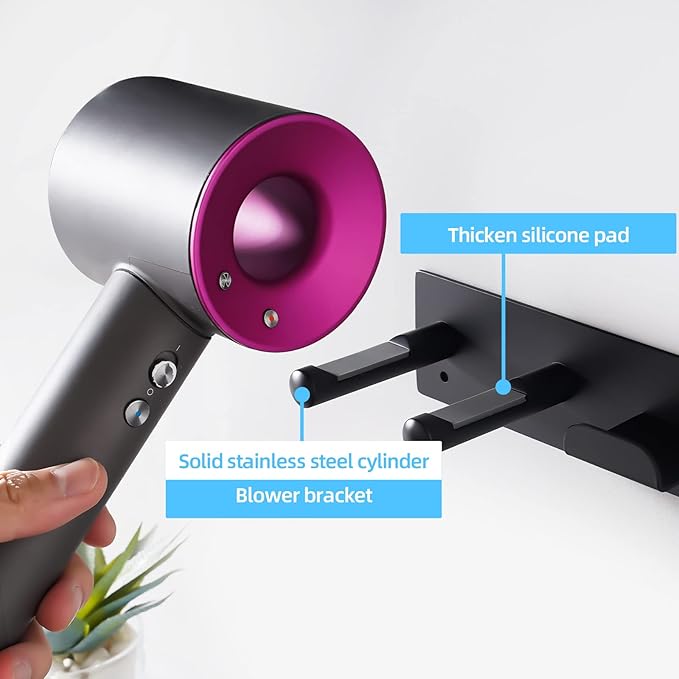 Hair Dryer Holder Wall Mounted, Self Adhesive Blow Dryer Holder Hair Dryer Organizer Hair Dryer Holder Wall Mounted Compatible with Dyson Blow Dryer Black Banjekt