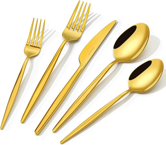 18/10 Silverware Set for 12, 60 Piece Gold Stainless Steel Flatware Cutlery