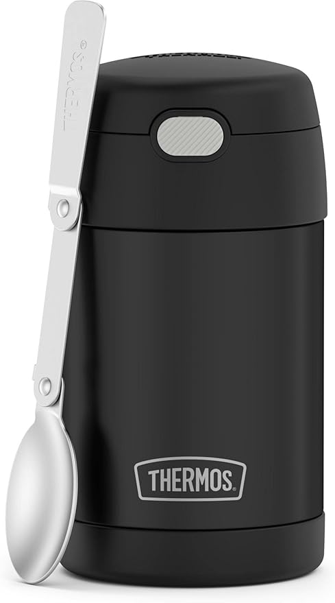 THERMOS FUNTAINER Insulated Food Jar, 16 Ounce, Kid Friendly Food Jar with Foldable Spoon, Matte Black