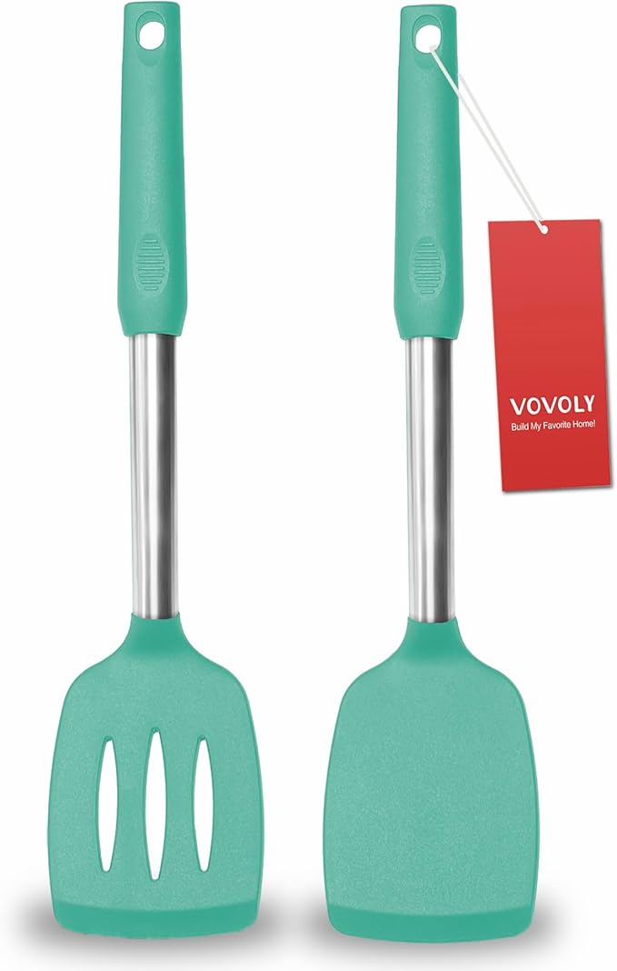 2 Pack Spatulas, Solid & Slotted Silicone Spatula Set, Stainless Steel Handle Coated with Silicone, Non Stick Turners, Heat Resistant Rubber Spatulas for Fish, Eggs, Pancakes, WOK, Red