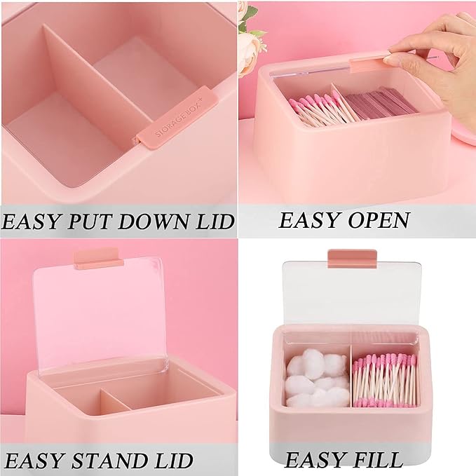 Tecbeauty 2pcs Qtips Holder Dispenser Cotton Swabs Storage Organizer Plastic Bathroom Canisters with Hinged Lids, Divide 2 Grids
