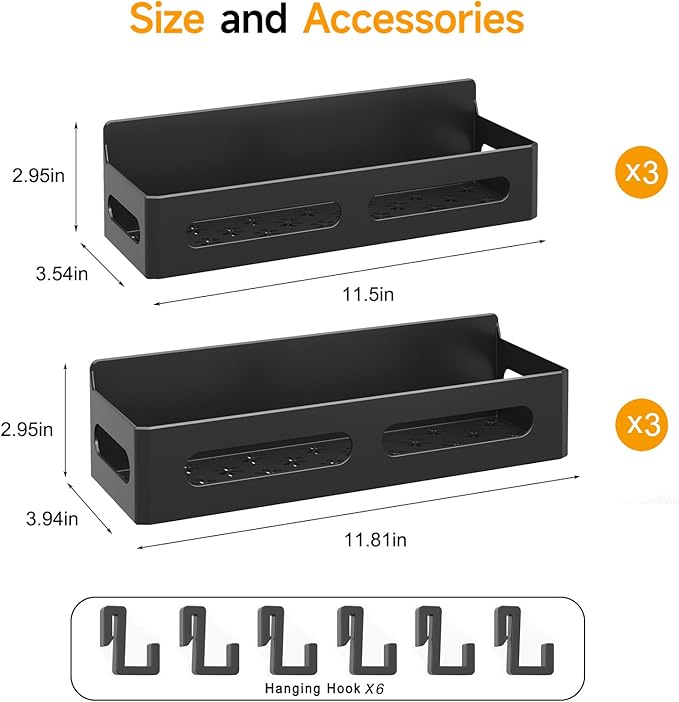 6 Pack Strong Magnetic Spice Rack for Refrigerator, Multipurpose Magnetic Shelf for Fridge with 4 Hooks for kitchen and Bathroom Organization, Black