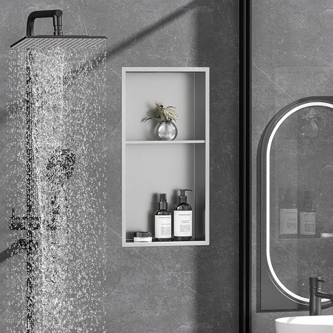 Neodrain No Tile Shower Niche, Brushed Stainless Steel Bathroom Shelf 24" X 12", Two-Tier Stainless Cubby, Bathroom Niche Cubby for Storage, No Tile Needed Recessed