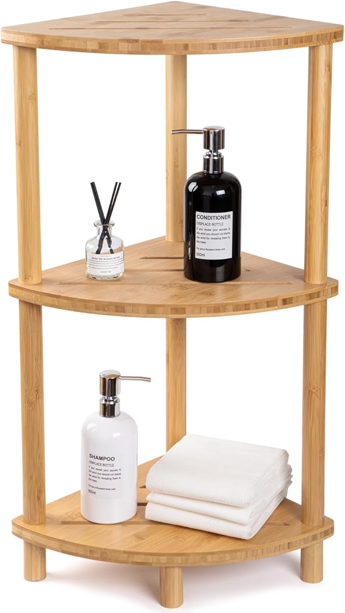 Corner Shower Caddy Stand, Bamboo Shower Organizer Standing with Anti-Slip Feet, Bathroom Corner Shelf,Waterproof & Durable, Space-Saving Design Storage for Kitchen or Living Room