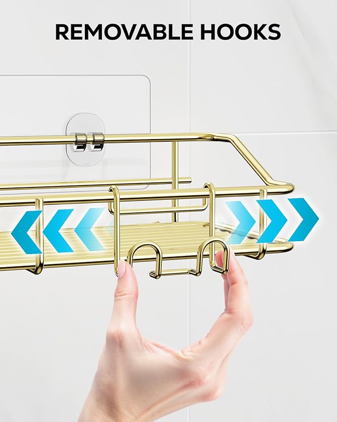 Nieifi Shower Caddy Shelf Storage Rack Adhesive Without Drilling Stainless Steel with Hooks for Washroom, Lavatory, Restroom, Toilet, Bathroom, Kitchen - 2 Pack, Golden