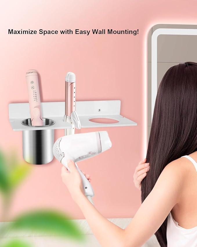 Hair Tool Organizer, Hair Dryer Holder with Heatproof Steel Cups, Acrylic Vanity Organizer for Curling Iron, Flat Iron & Hair Brushes, Perfect for Bathroom (White, Compact)
