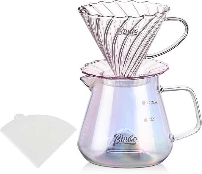 Bincoo Pour Over Coffee Maker Set with Dripper Size 02,600ml Glass Coffee Server Set,60 Angle TaperedGlass Coffee Dripper with Stand&Filter Paper for Home Office Gift (Green)