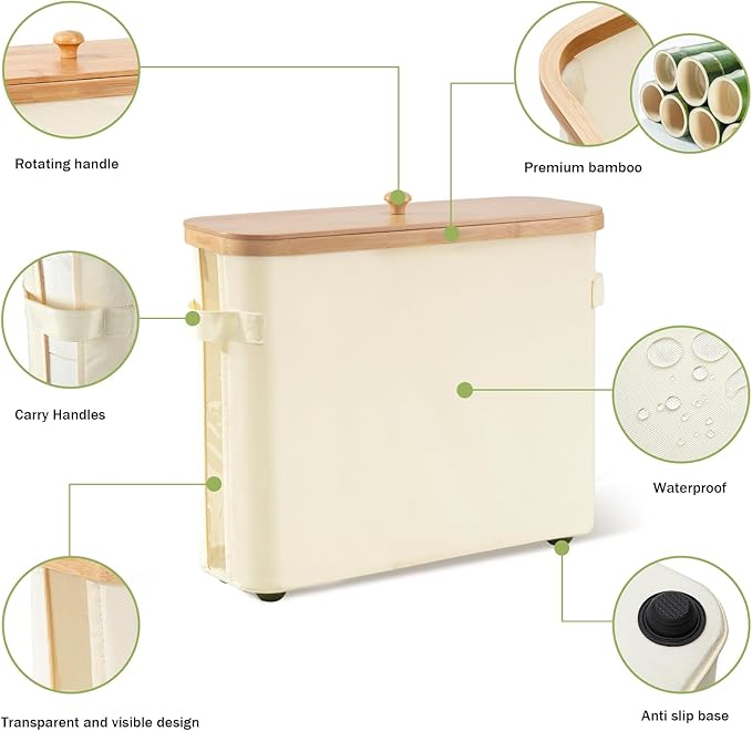 Toilet Paper Storage Basket with Lid and Handle for Bathroom， Bamboo Collapsible Toilet Paper Holder Storage with Non-Slip Bottom ,Extra Toilet Roll Storage, Beige