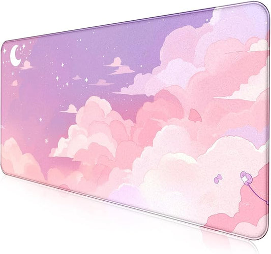 Cute Anime Cloud Desk Mat, Beautiful Pink Stitching Edge Non Slip Rubber Mouse