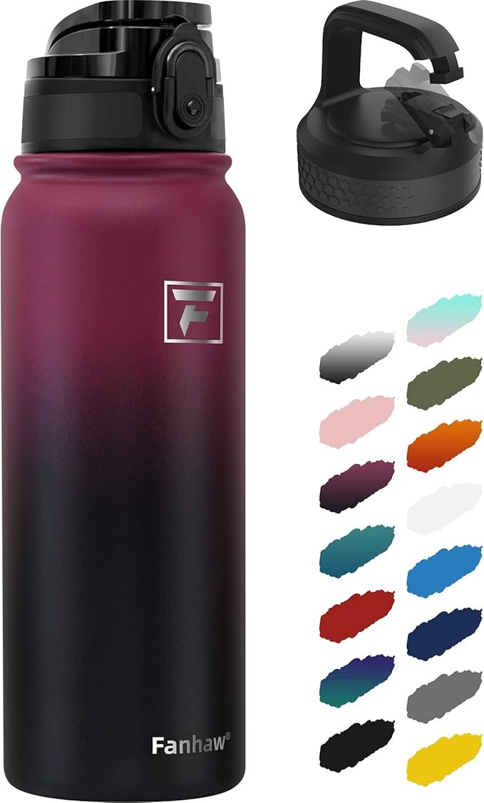 Fanhaw 20 oz Insulated Stainless Steel Water Bottle with Anti-Dust Chug Lid & Carabiner Lid, Leakproof Vacuum Metal Bottle for Kids, Women & Men (Red Black)