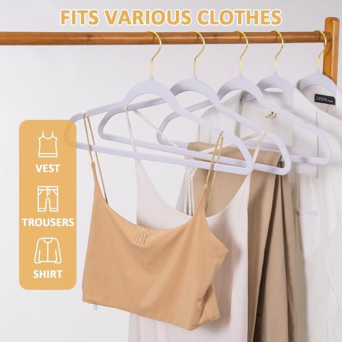 Velvet Hangers, Set of 30 Pack Clothes Hanger with 360° Swivel Gold Hook, Non-Slip, and Space-Saving, 0.2-Inch Thick, 17.7-Inch Long for Suit, Coat, Shirt, Dress, Pants - White