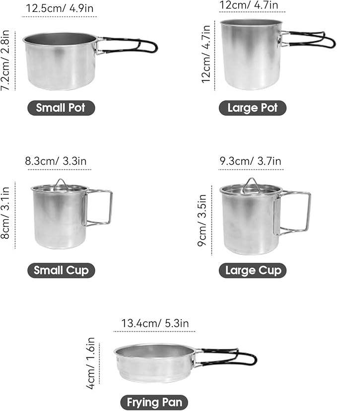 Aomiun 5PCS Stainless Steel Camping Cooking Set Cookware Mess Kit Cook Pots and Pan Set with Cups & Storage Bag, Lightweight Camping Cookware for Hiking Backpacking Outdoor Cooking and
