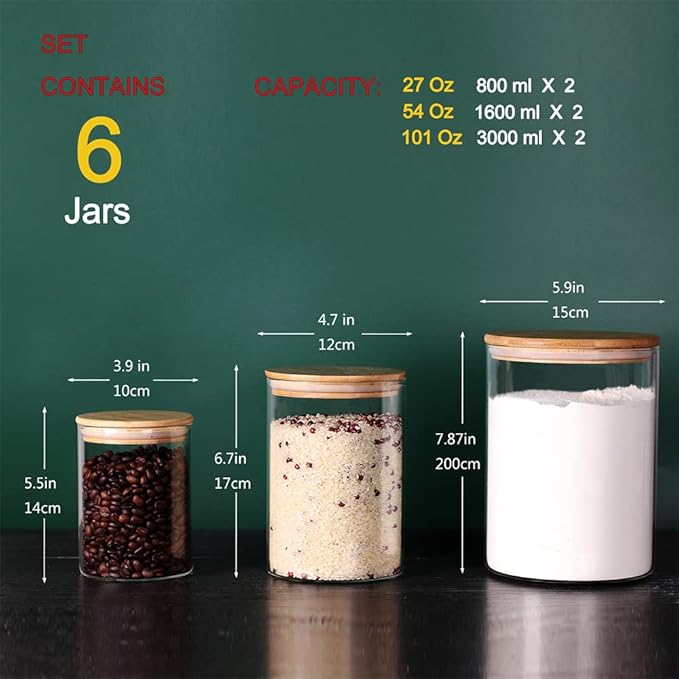 Tzerotone Glass flour Jars with Airtight Lids, 6 Pack Sugar and Flour Salt Containers Set, Extra Large Glass Rice Jar with Bamboo lid for Kitchen, Brown Suger, Beans, Groub Coffee (100OZ/54OZ/27OZ)