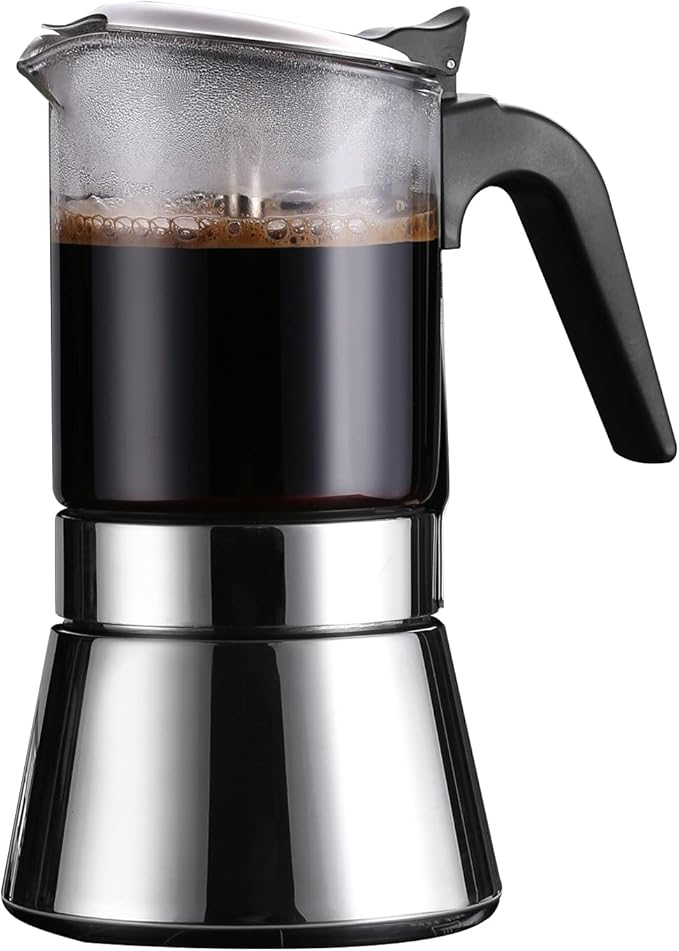 SIXAQUAE Moka Induction Stovetop Espresso Maker,Crystal Glass-top & Stainless Steel Espresso Moka Pot,Classic Italian coffee maker,240ml(6cup)