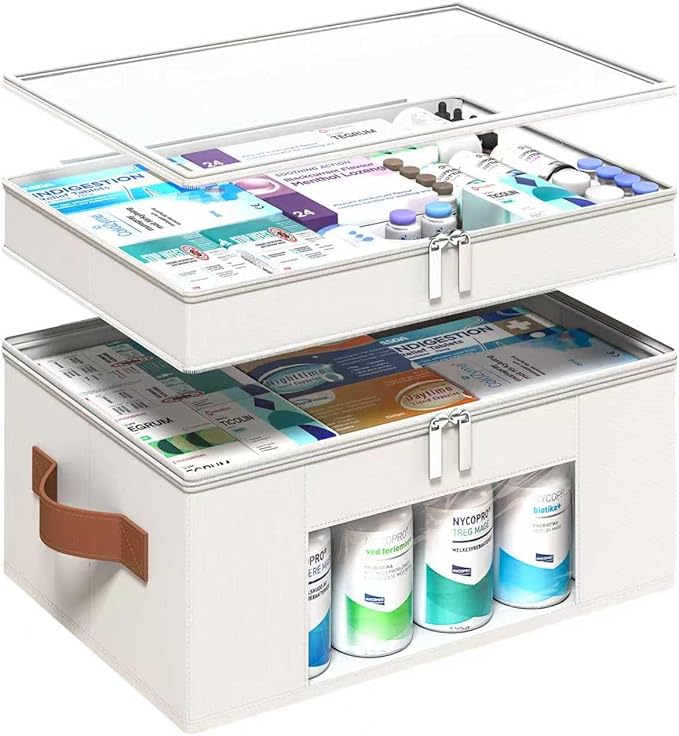 Medicine Organizer for Cabinet, 2-Tier Foldable Medicine Storage Box with Clear Cover and Leather Handle, Empty First Aid Kit for Home and Travel