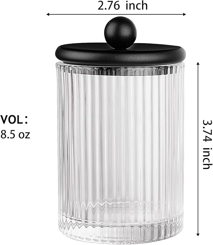 SheeChung 2-Pack Black Ribbed Glass Qtip Holder - Apothecary Jars Bathroom Organizer with Metal Lids - Countertop Vanity Canister Set for Cotton Swabs, Rounds, Pads, Floss Picks