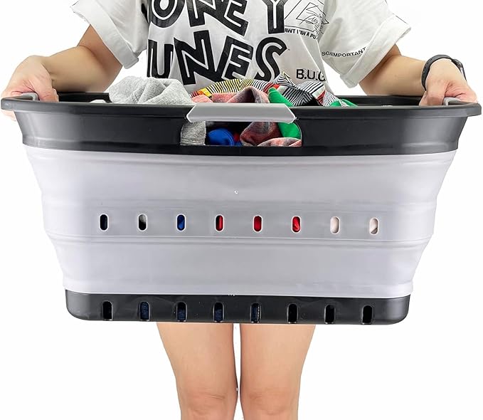 SAMMART 42L (11 gallon) Collapsible Plastic Laundry Basket - Foldable Pop Up Storage Container/Organizer - Space Saving Hamper/Basket (Black/Alloy Grey)