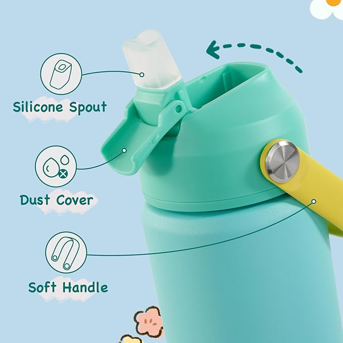 12oz Kids Water Bottle 2 Pack, Stainless Steel Insulated Water Bottle For Kids, Toddler Cup With Straws Leak-proof, Kids Water Bottles For School Boys Girls, BPA Free, Twilight Green+Sky 2-piece set