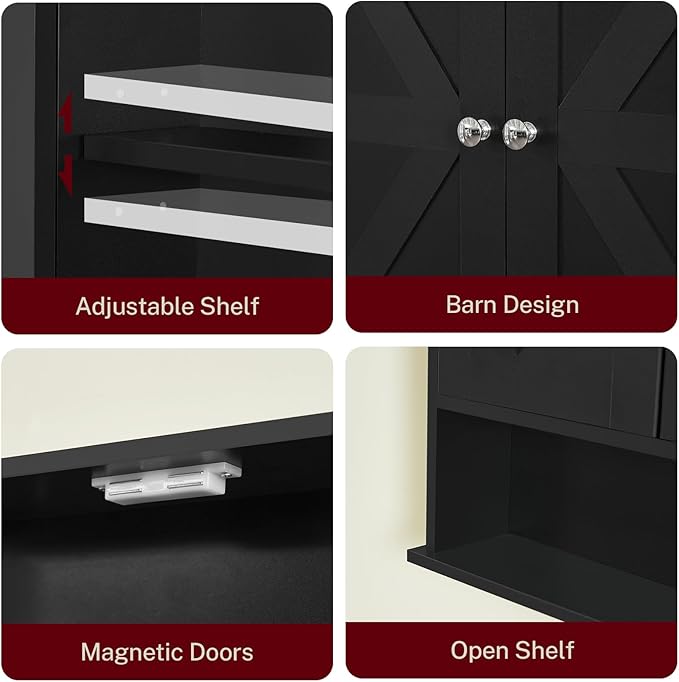 TEENFON Bathroom Wall Cabinet, Over The Toilet Space Saver Storage Cabinet with Barn Doors & Adjustable Shelf, Hanging Medicine Cabinet, Black UNGGX003HV1