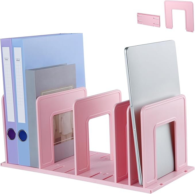 Adjustable Vertical File Sorter Sturdy Plastic Expandable Upright File Holder, Desktop Binder Organizer, School Office Organization Bookshelf Divider, Assemble Easily Endlessly, Pink
