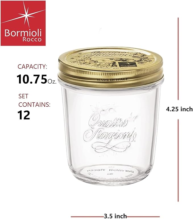 Bormioli Rocco Quattro Stagioni Mason Jar - ClearGold, 10.75 Oz, Set of 12
