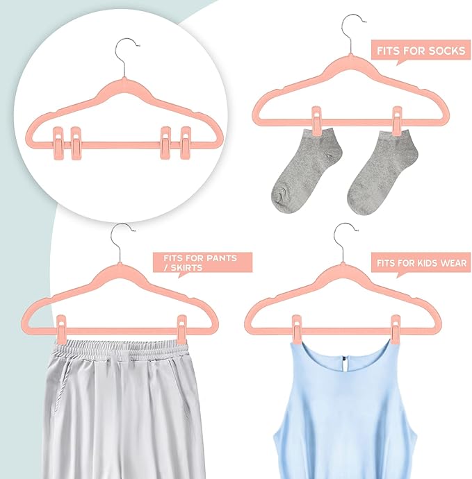 Tinfol Pink Velvet Hanger Clips Pack of 24, Pants Velvet Clips, Premium Large Opening Clothes Pin, Strong Finger Flocked Clip Perfect for Use with Slim-line Clothes Velvet Hangers