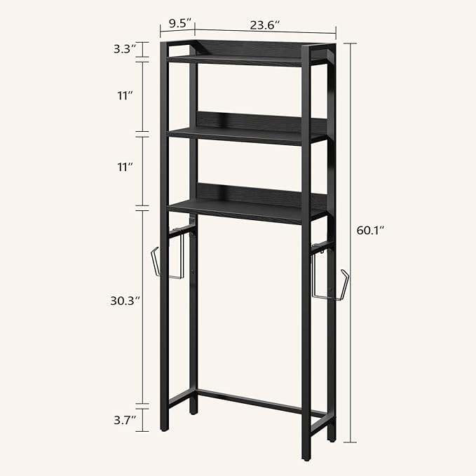 Over The Toilet Storage Rack, 3 Tier Bathroom Organizer Over Toilet, Freestanding Space Saver Toilet Stand with 2 Hooks, Bathroom Storage Shelf, Easy to Assemble, Black TSBK6001