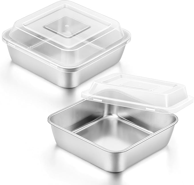 E-far 8 x 8-Inch Square Baking Pan with Lid, Stainless Steel Square Cake Brownie Pan, Fit for Toaster Oven, Non-toxic & Healthy, Easy Storage & Dishwasher Safe - 2 Pieces