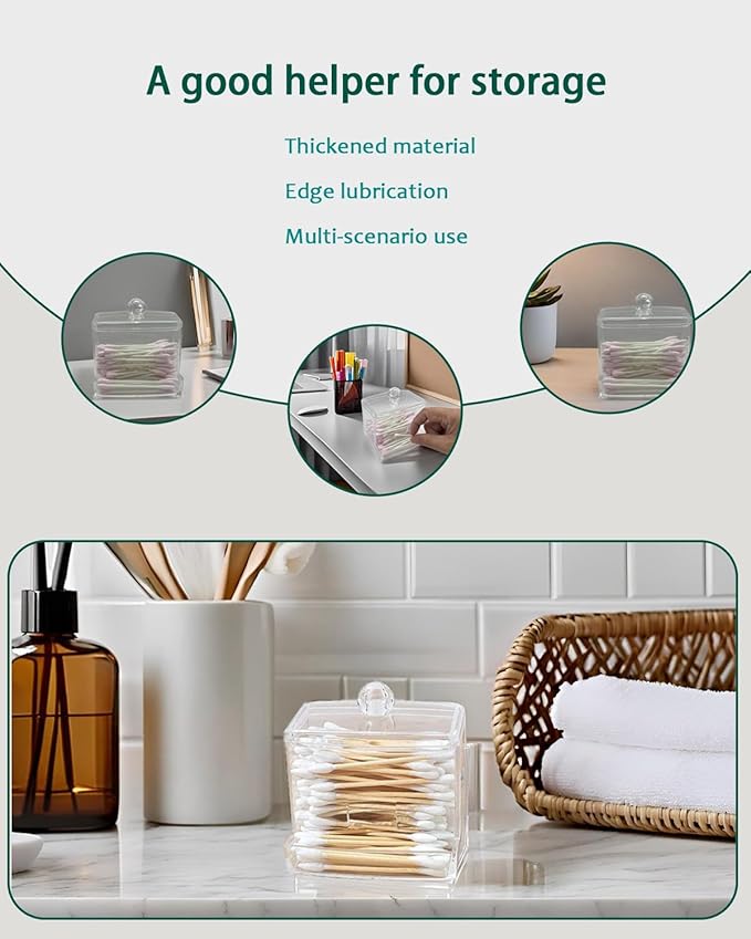 10oz Cotton Swab Dispenser with Lid, Clear Plastic Swab Holder for Bathroom Vanity Countertop Storage, Durable PS Canister with U-Slot for 3 Inch Cotton Buds, Compact Swab Organizer