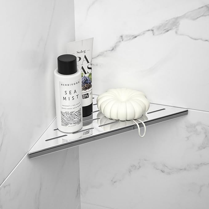 Corner Shower Shelf 10" Polished 304 Stainless Steel Recessed Corner Shelves with Slot Design Bathroom Grout in Shelf for Tiled Wall, 2 Pack