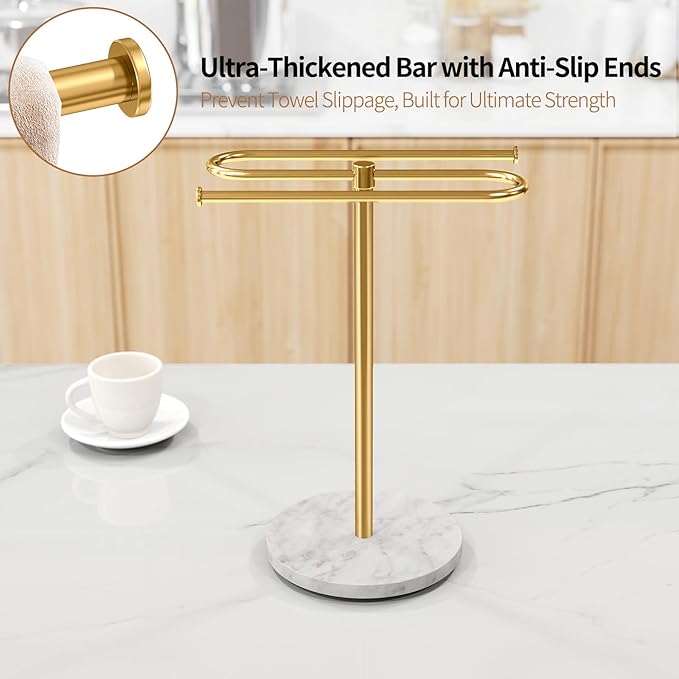 Countertop Towel Stand Free Standing with Marble Base, S-Shape Hand Towel Stand for Bathroom Stainless Steel Rust-Proof, Hand Towel Holder Standing for Kitchen Vanity Countertop (Gold)
