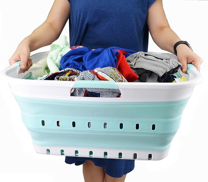 SAMMART 42L (11 gallon) Collapsible Plastic Laundry Basket - Foldable Pop Up Storage Container/Organizer - Space Saving Hamper/Basket (1, White/Lake Green)