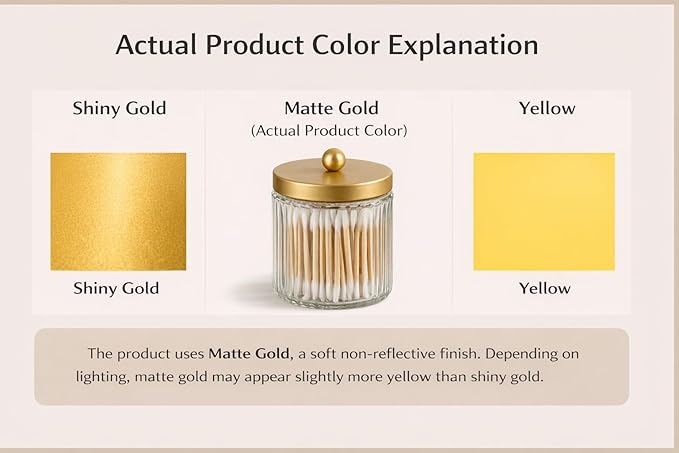 KMwares Matte Gold Set of 2 Glass Qtip Holder Dispenser Set for Cotton Ball, Swab, Round Pads, Floss Picks - Bathroom Canister Storage Organization and Vanity Makeup Organizer