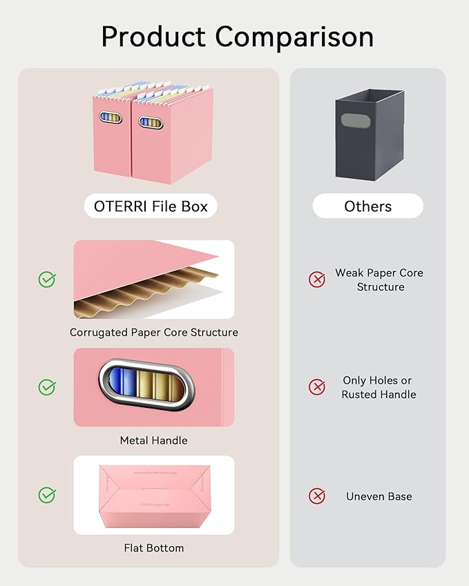 Oterri Cardboard File Organizer Box for Hanging File Folders Letter Size,File Box for Computer Desk,File Cabinet,Working Home,Office,Classroom (Pink, Letter Size - 4 Packs)