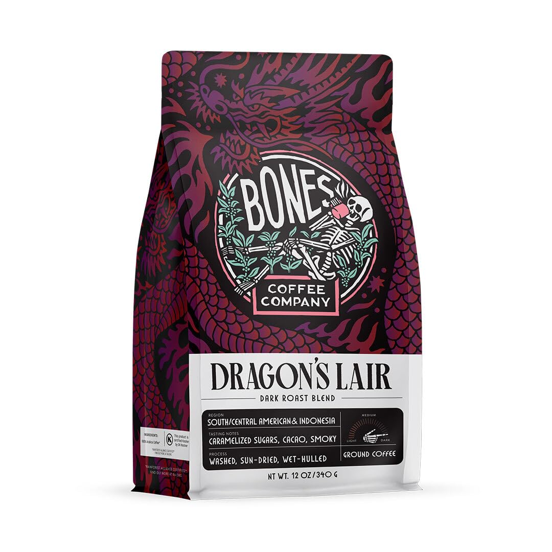 Bones Coffee Company High Voltage, Highly Caffeinated Unflavored Coffee, Medium Roast Low Acid Arabica Beans Compatible with Auto drip and French Press Coffee Maker, 12 Oz Whole Bean