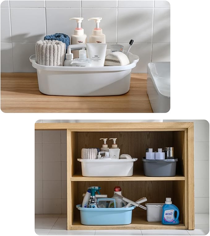 Large Cleaning Supplies Caddy Portable Shower Basket Supply Organizer with Handle Plastic Bucket Tool Storage for Bathroom, Bedroom, Kitchen, College Dorm, Garden, White 2 Pack