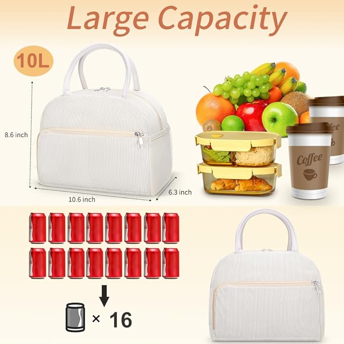 Coobiiya Lunch Bag for Women Men, Cute Corduroy Lunch Tote Bags Insulated Reusable LunchBox Large Capacity Cooler Bag for Work Travel Picnic