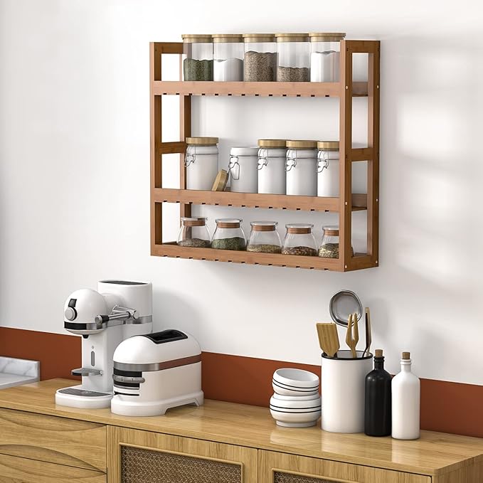 Domax Bamboo Bathroom Shelf 3-Tier Wall Mount Storage Rack Multifunctional Adjustable Layer Free Standing Over Toilet Utility Shelves Living Room Kitchen (Walnut)