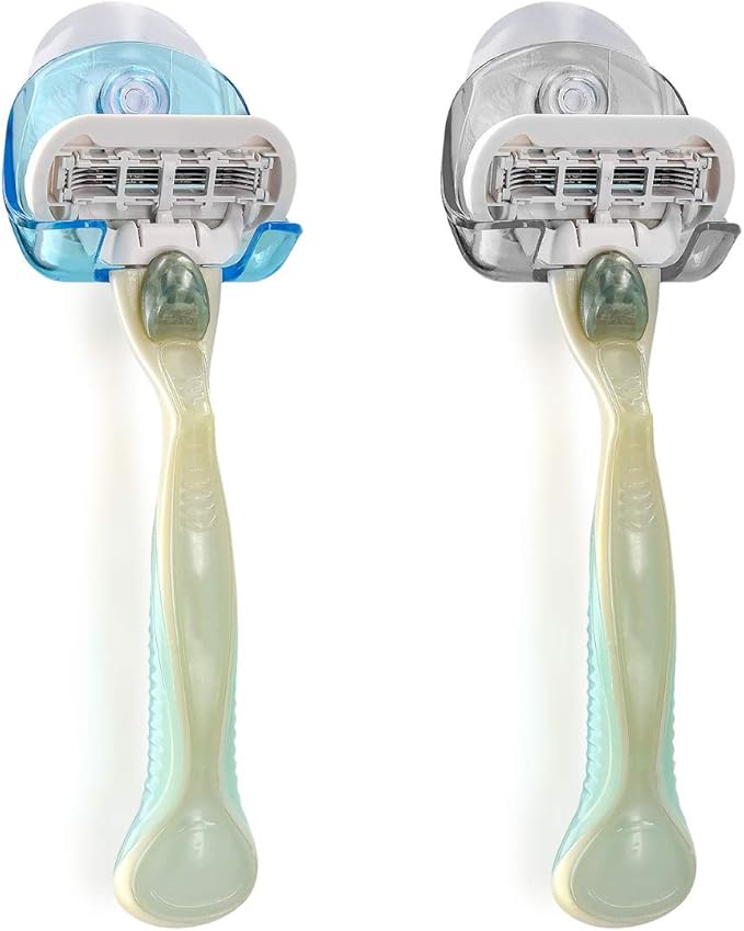 kwmobile 2x Razor Holder with Suction Cup - Self-Adhesive Shaver Wall Mount - Bathroom Organizer for Glass and Tiles - Black/Light Blue/Transparent