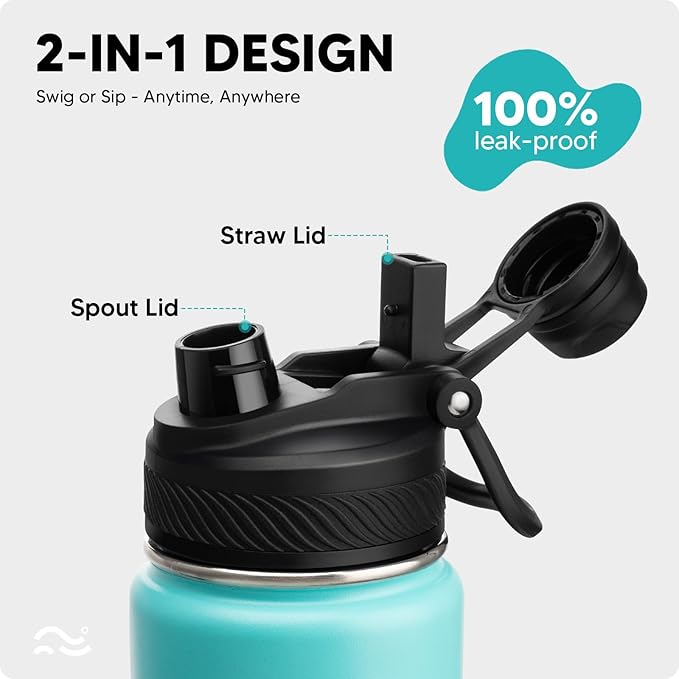 [2-IN-1 LID] Insulated Water Bottle with Silicone Boot (36hrs Cold/18hrs Hot) - DIY Stickers, Leakproof, BPA Free, 24 oz