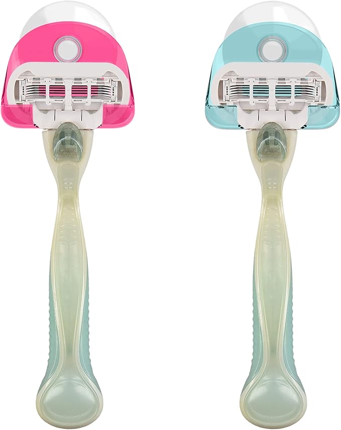kwmobile 2x Razor Holder with Suction Cup - Self-Adhesive Shaver Wall Mount - Bathroom Organizer for Glass and Tiles - Light Blue/Dark Pink/Transparent